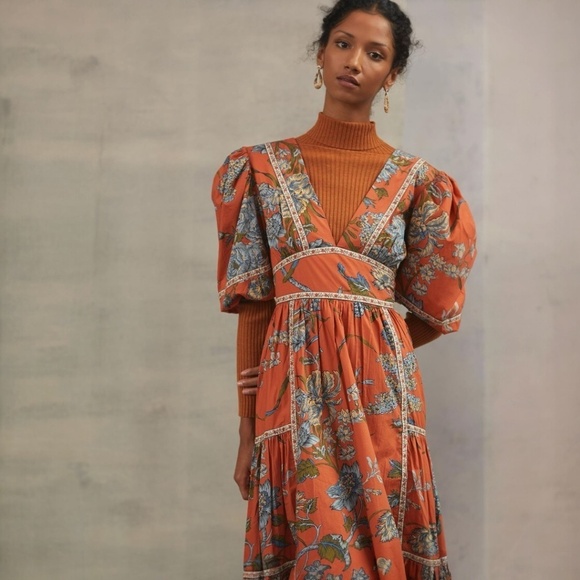 Love the Label Dress Puff- Sleeved Tiered Midi dress in Orange Size XS - Picture 3 of 9